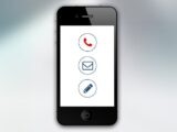 Smartphone showing communication icons for call, email, and messaging on screen.