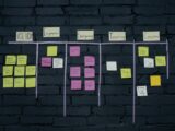 Top-down view of an office Kanban board with colorful sticky notes for task management and organization.