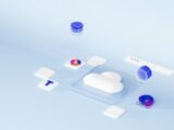 A white cloud icon on a glass square with floating data charts and cylinders
